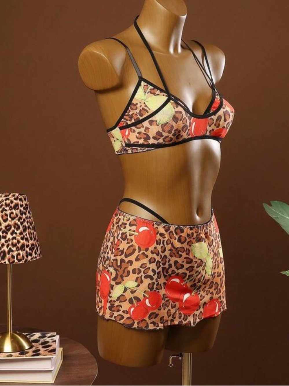 Leopard Cherry Print Bralette & Shorts Set - Brown/Red